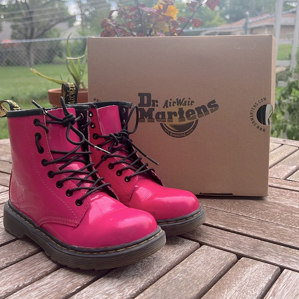 Dr. Martens Kids Lace Up Combat Boots Hot Pink and Black